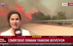 Sözcü TV muhabiri Gamze Elçi canlı yayında Çeşme otoyoluna sıçrayan alevlerin ortasında kaldı
