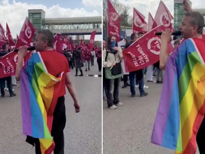 İrfan Değirmenci 1 Mayıs yürüyüşüne LGBTİ bayrağıyla katıldı: Sakıncalı görülenlere selam olsun