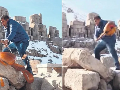 Türkücü Aydın Aydın Nemrut Dağı’ndaki 2000 yıllık tarihi esere saldırdı bağlamasını parçaladı