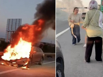 Elektrikli otomobilde faciaya ramak kala! Aile saniyelerle kurtuldu