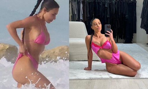 Kim Kardashian pembe mini bikinisiyle plajda Barbie rüzgarı estirdi
