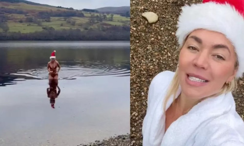 Ünlü sunucu Danni Menzies, kırmızı bikinisiyle buz gibi gölde yüzdü