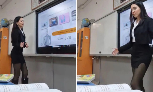 Sınıfta ders anlatan kadın öğretmenin etek boyu sosyal medyayı ikiye böldü