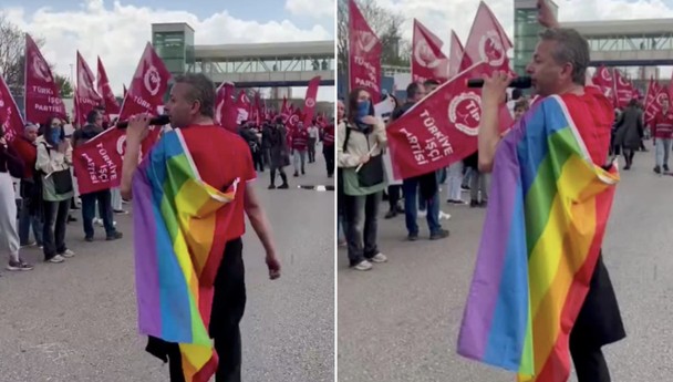 İrfan Değirmenci 1 Mayıs yürüyüşüne LGBTİ bayrağıyla katıldı: Sakıncalı görülenlere selam olsun