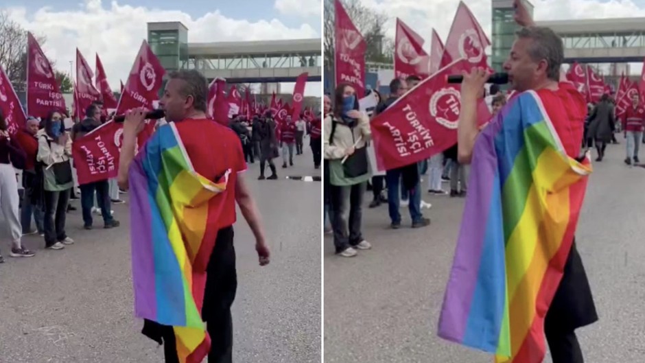 İrfan Değirmenci 1 Mayıs yürüyüşüne LGBTİ bayrağıyla katıldı: Sakıncalı görülenlere selam olsun